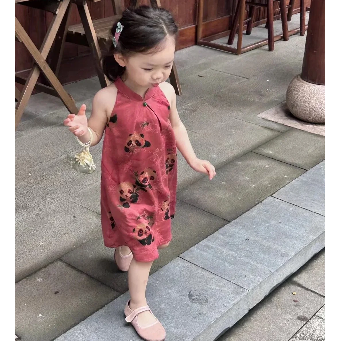 

New Chinese Sle Children's Dr Summer Girls' Retro Panda Print Dr Polyester Fiber 2-0 Years Old Kids Clothes