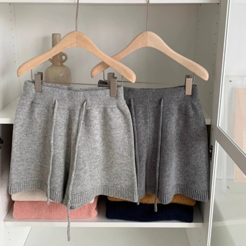 High waisted loose wide leg knitted shorts for women, new elastic waisted A-line silhouette casual straight leg pants