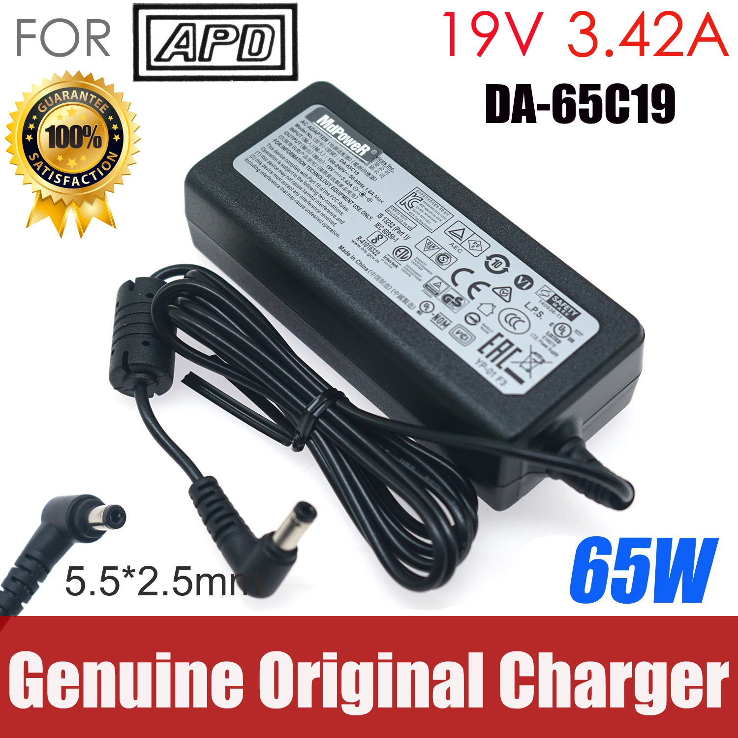 Genuine APD Asian Power Devices DA-65C19 Power Supply AC Adapter 19V 3.42A 5.5*2.5mm 65W for MSI M27Q Gigabyte Monitor Charger