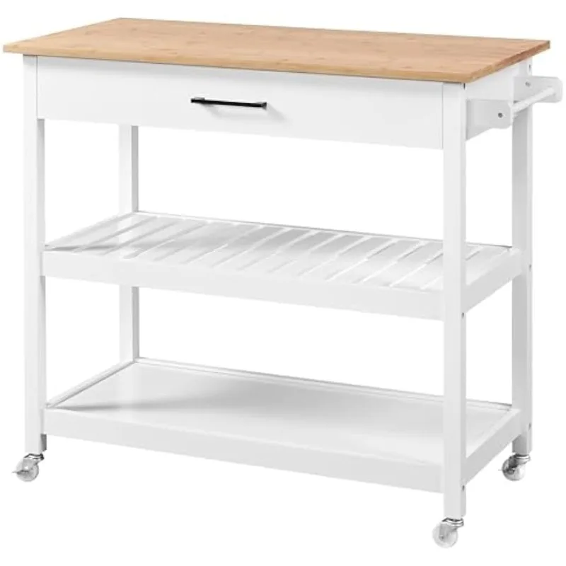 

40" Width Kitchen Island Cart on Wheels, 3 Tiers Rolling Utility Cart with Solid Wood Top and Drawer & 2 Spacious Storage