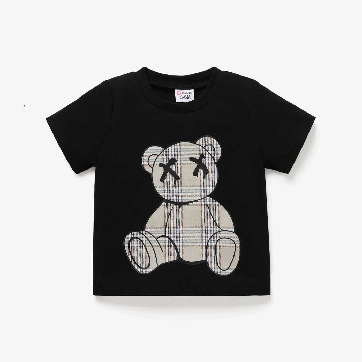 PatPat Baby Girl/Boy Plaid Bear Graphic Short-sleeve Tee Perfect for Outings and Daily Wear Basic Style Comfortable