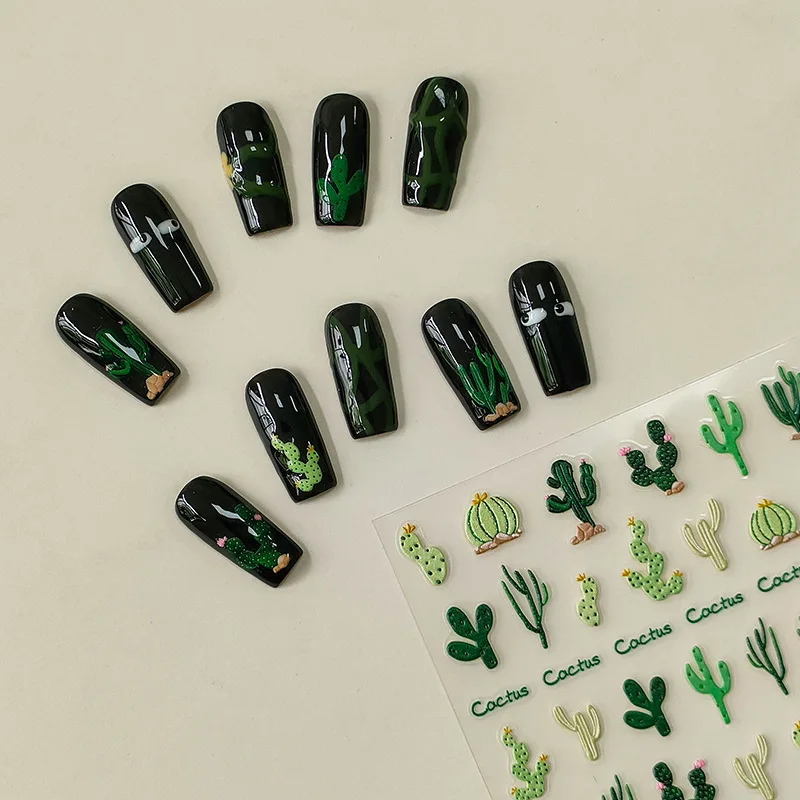 Green Plant Cute Cactus 5D Soft Embossed Relief Self Adhesive Nail Art Decoration Sticker Flower 3D Manicure Phone Decals Summer