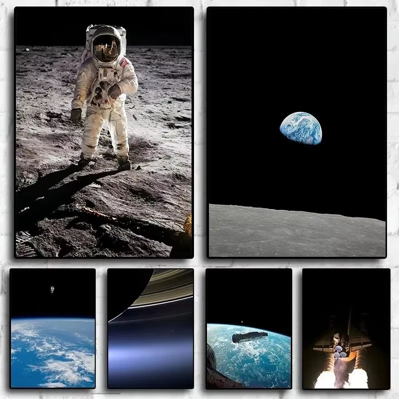 Sci-fi Space and Astronaut Earthrise during Apollo 8 Remastered Poster Canvas Painting Wall Art Pictures Room Home Decoration