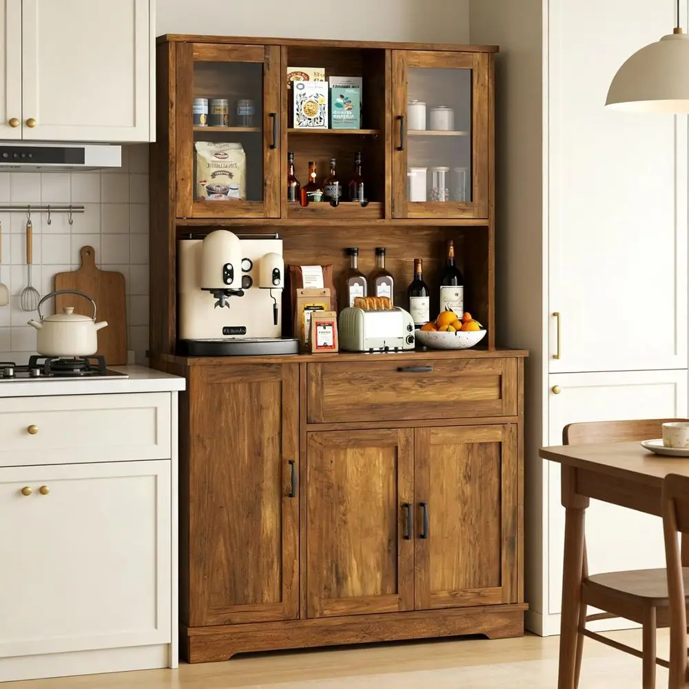 

Tall Pantry Cabinet with Acrylic Door, Large Kitchen Hutch for Storage and Dining Room Organization, Microwave Stand, Rustic Bro