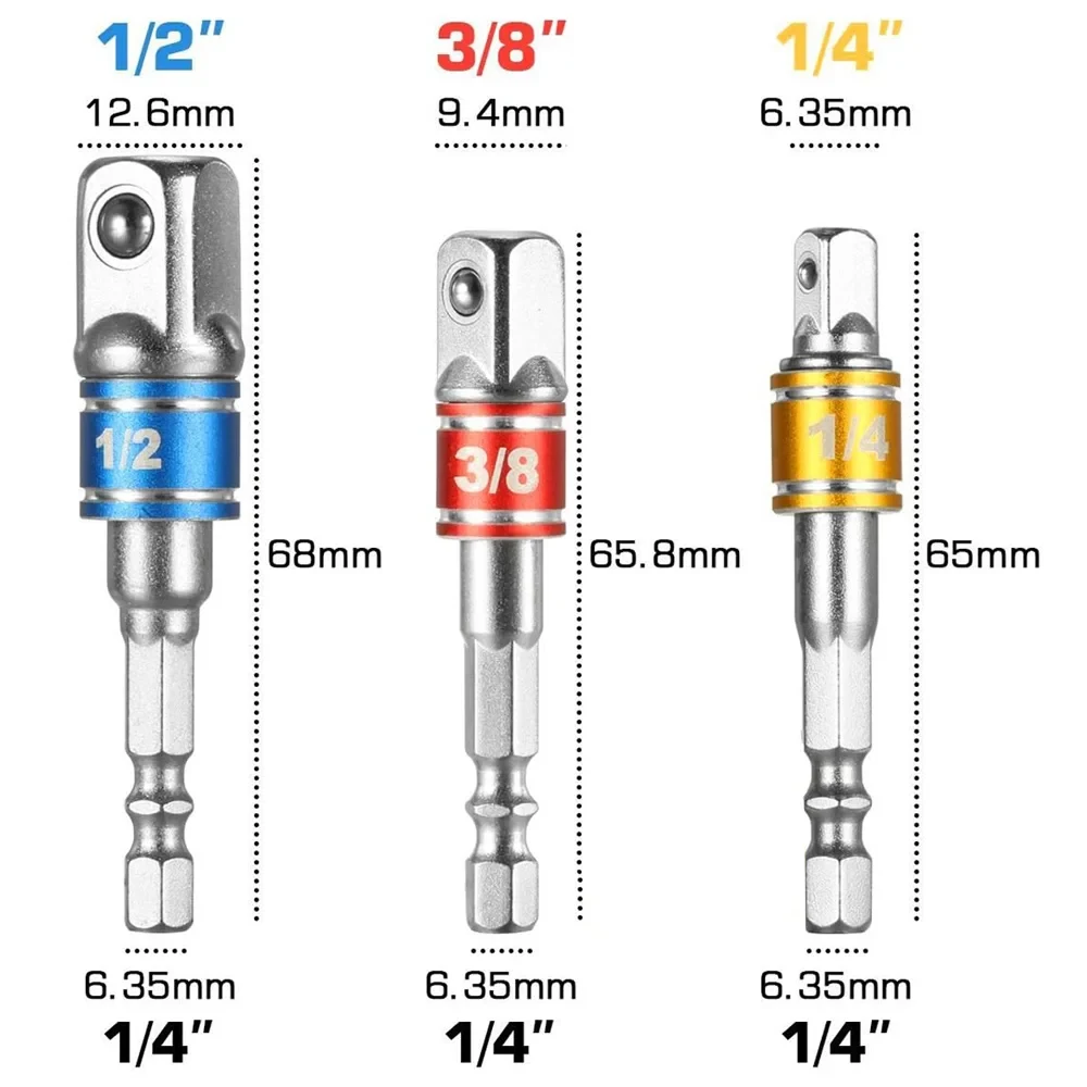 3 Pcs Drill Socket Adapter Impact Drill Extension Drill Bits Bar Socket Adapter 1/4 3/8 1/2 Size Driver Wrench Sleeve Extension