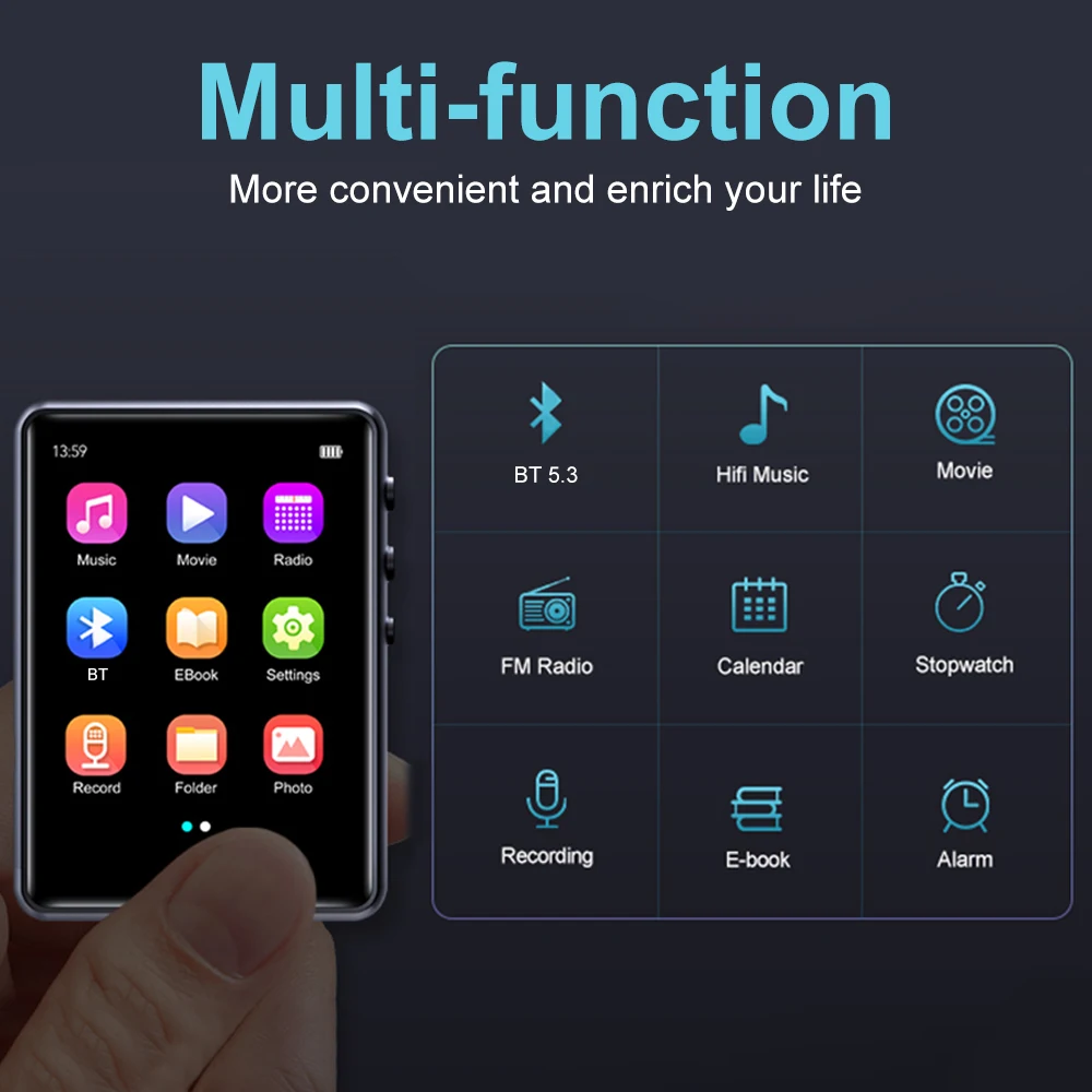 128GB المحمولة HiFi مشغل MP3 بلوتوث 5.3 Mini MP4 تشغيل الفيديو فيلم الرياضة مشغل MP3 مع مكبر صوت راديو FM تسجيل