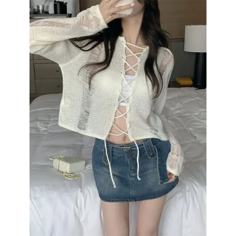 Y2K Holes Knitted Cardigans Two Side Wear Retro Harajuku Sexy Cropped Jumpers Women Full Sleeve Bandage Outwear Autumn Grunge