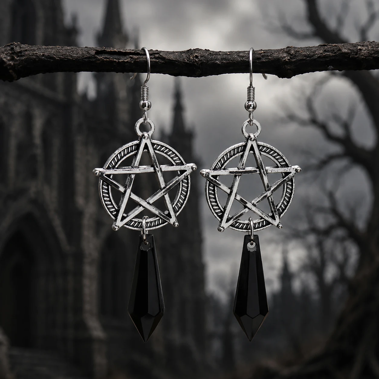 Gothic Pentagram Drop Earrings Red Black Crystal Point Pendant Star Circle Wicca Witchy Dark Aesthetic Women Accessories
