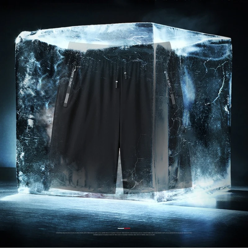 Quick Dry Shorts Men Spring Summer Long Ice Silk Casual Straight Sports Trousers Fitness Training Youth Jogging Zip Pocket Pants