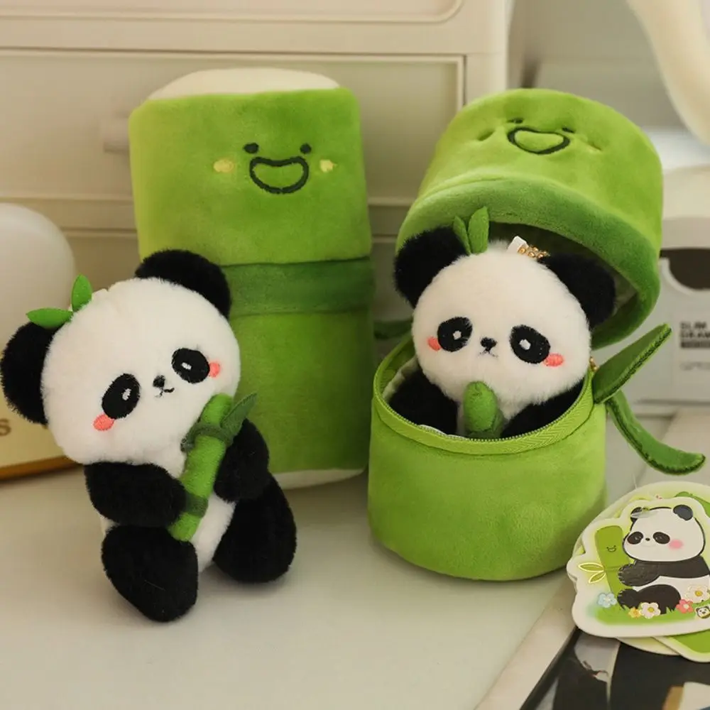 Creative Cute Panda Keychain Cartoon Toys Bamboo Tube Bag Pendant Key Ring Plush Stuffed Kawaii Animal Pendant Bag Hanging