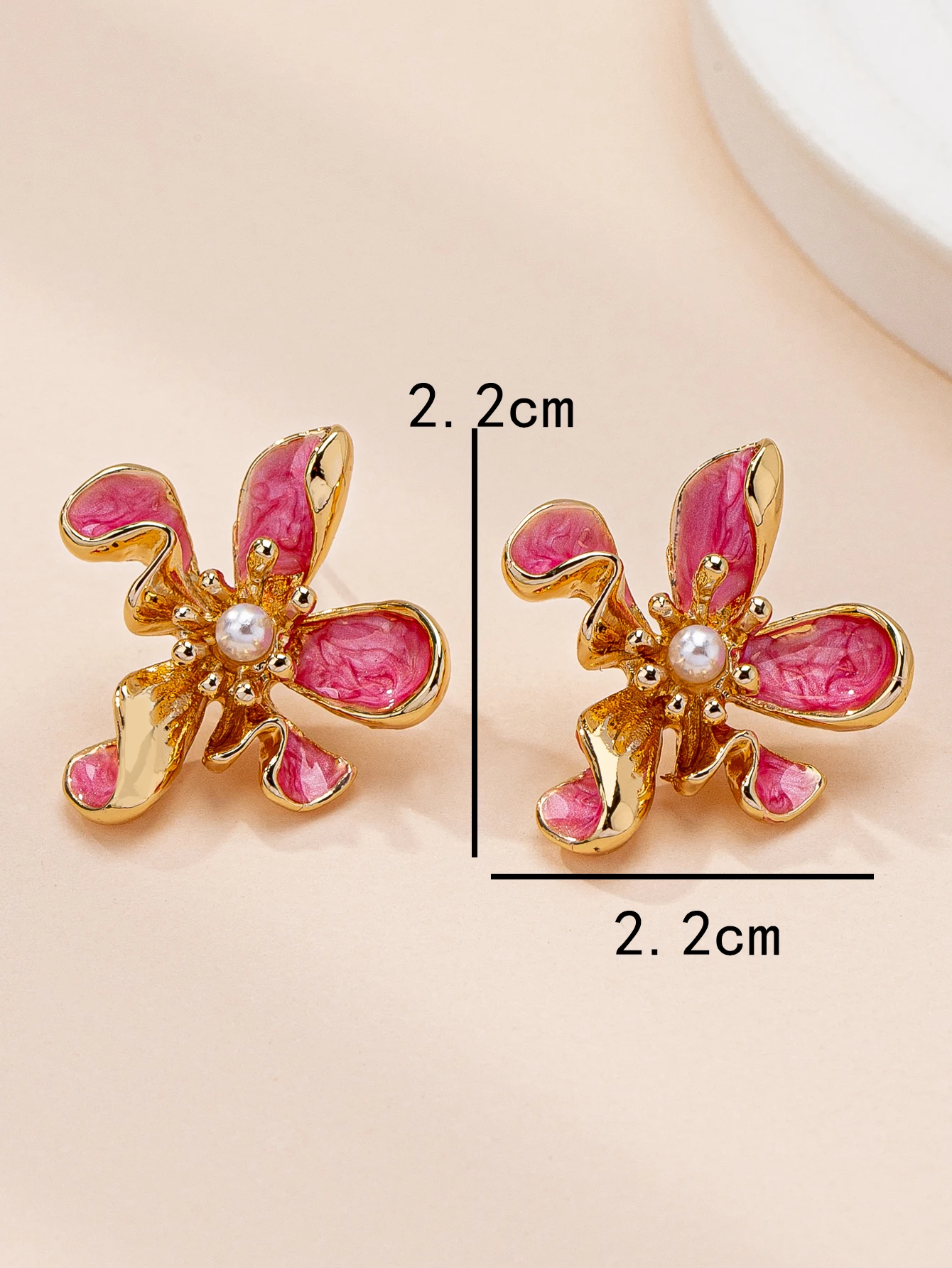 Trendy Asymmetrical Floral Earrings, Gold-Plated with Red Enamel and Pearl Accent, High-Quality Women's Jewelry