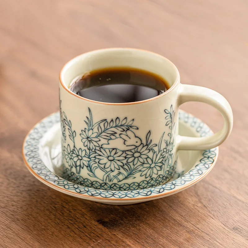 PYH Ru Kiln Sunflower Cute Rabbit Coffee Cup Exquisite High-end Latte Latte Cup Chinese Ceramic Tea Cup Mug