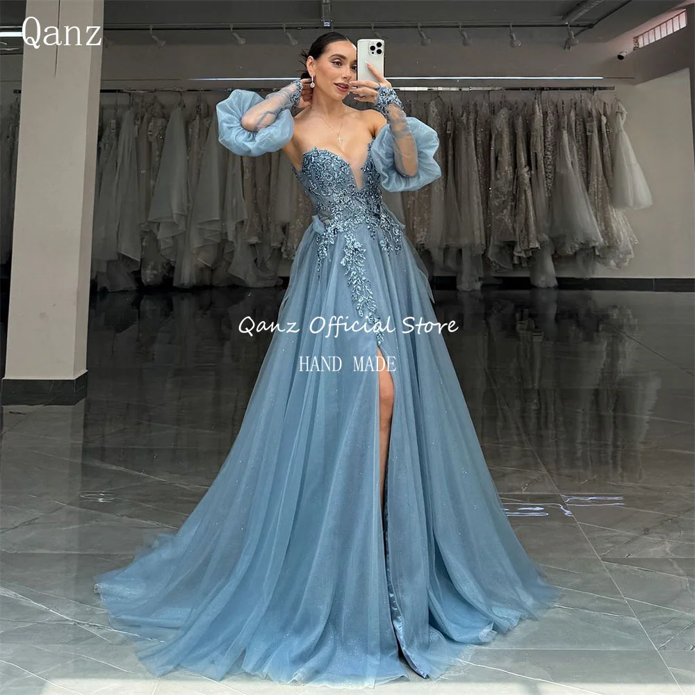 Qanz Glitter Dirty Blue Evening Dresses Detachable Puff Sleeves Appliques Tulle Party Dresses Bespoke Wedding Dress Customized