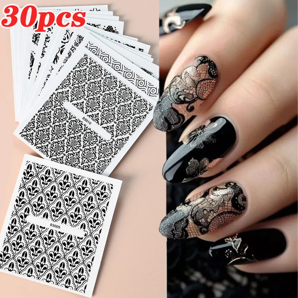 30pcs/set Luxury Black Lace Flower Nail Art Stickers 3D Enmbossed Floral Nail Pegatinas Uñas Self-Adhesive Nail Art Decoration