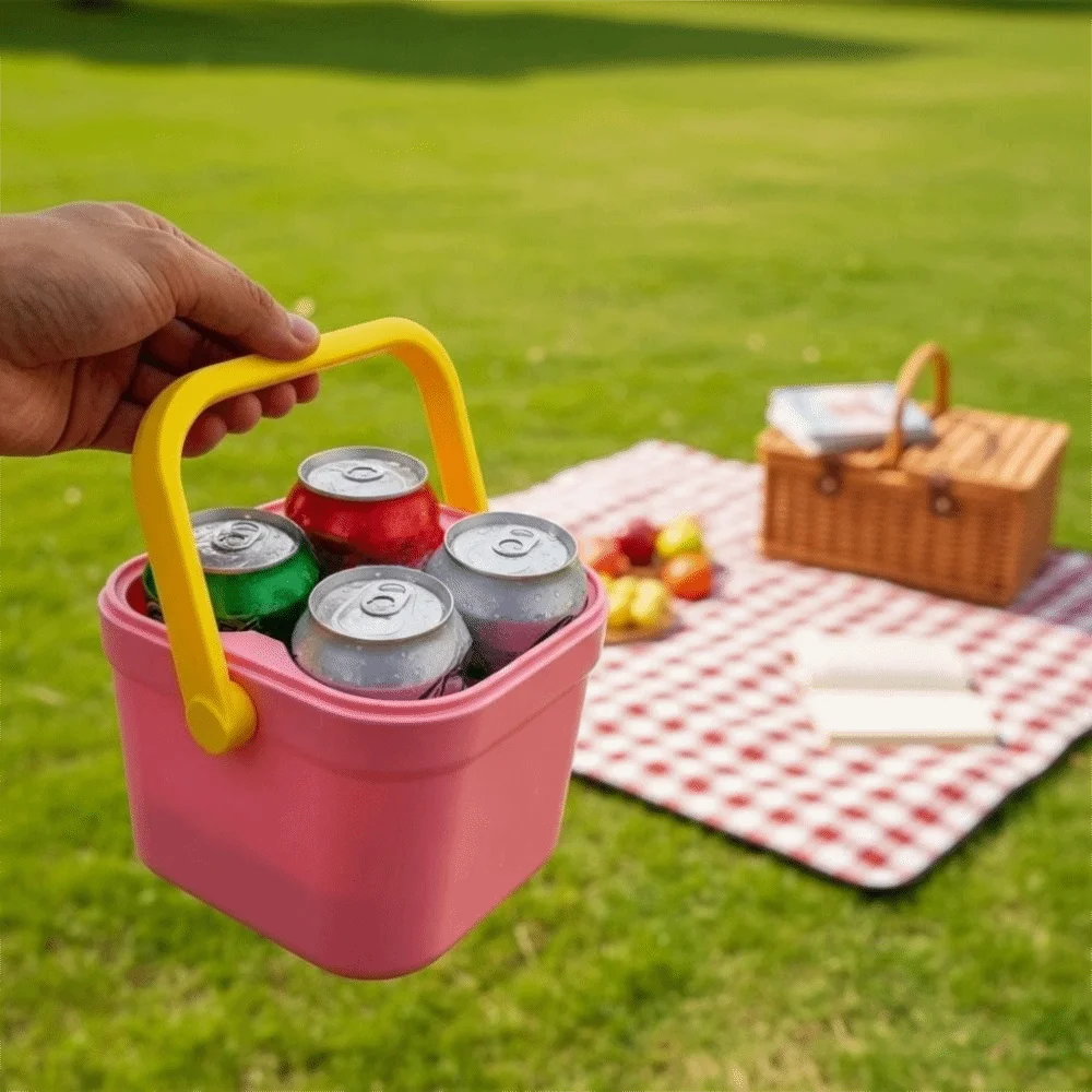 Creative 4-Can Fishing Drink Cooler Box Plastic Square Drink Freezer with Folding Handle Thermal Drink Box Beach