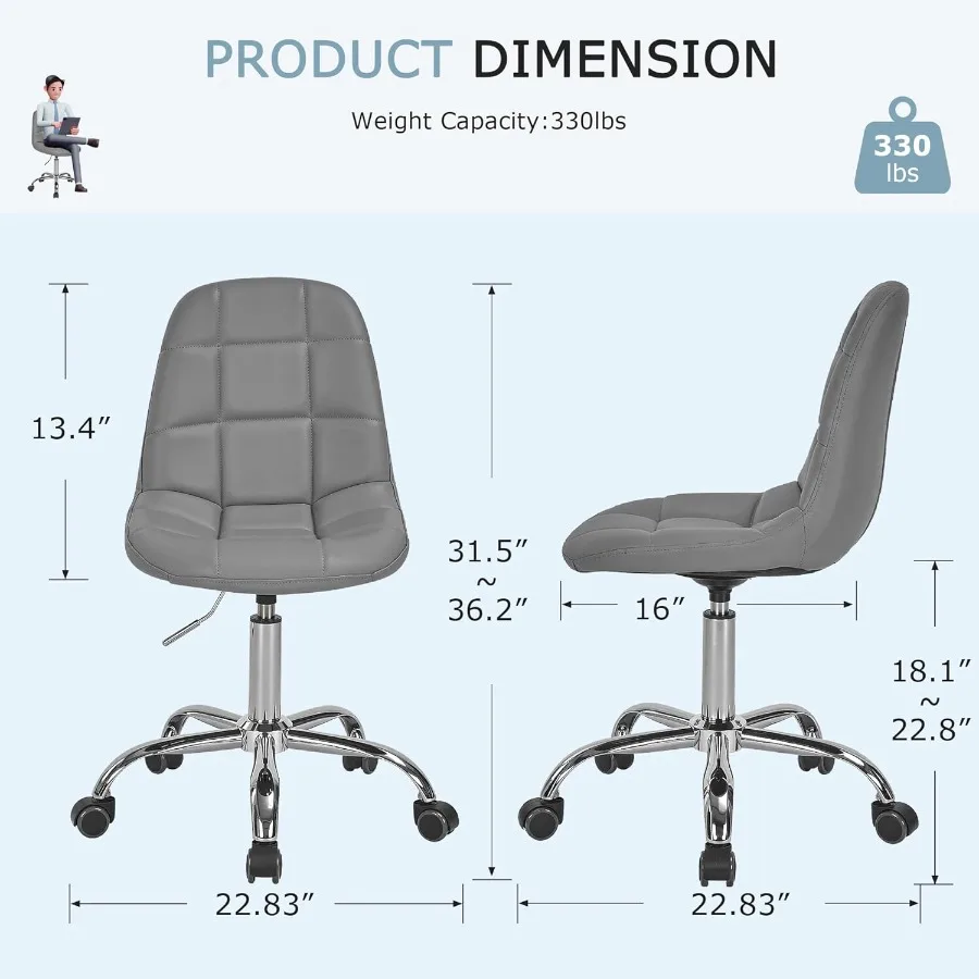 مكتب وكرسي مكتب منزلي بدون ذراع، ارتفاع قابل للتعديل، دوار 360 درجة مع عجلات، كرسي تزيين أنيق وغير رسمي، رمادي.