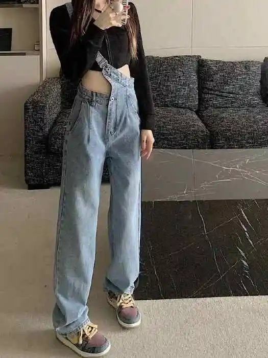 

Harajuku Y2K Loose Washed Blue Jeans Women's Streetwear Retro High Waisted Pants High Street Loose Wide Leg Denim Pants Women