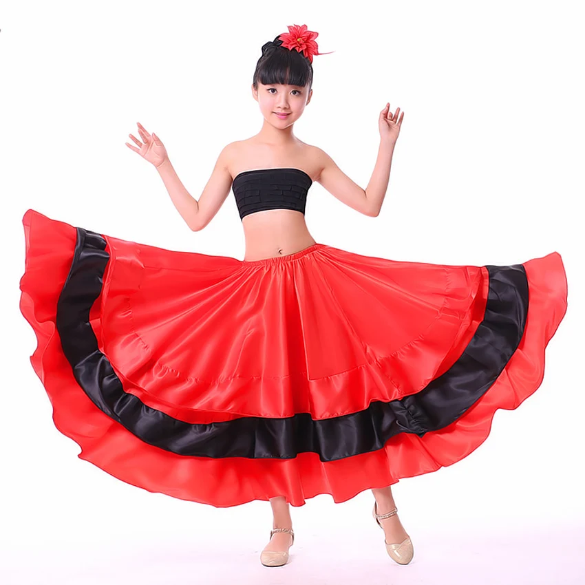 Kinder Hohe Qualität Satin Weiche Rot Schwarz Teenager Mädchen Spanisch Flamenco Rock Gestreiften Bling Ballsaal Bühne Tragen Leistung Kleid