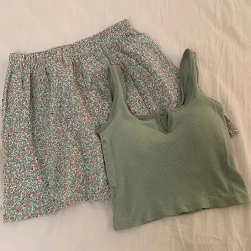 Conjunto floral de calças de pijama feminino, colete elástico com almofadas de sutiã, pijama no peito, calça doméstica, alto valor