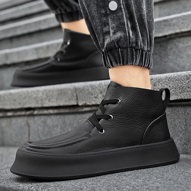 Autumn Men Ankle Boots High-top Soft Genuine Leather Sneakers Motorcycle Boots Tooling Boots Platform Skateboard Sports Shoes 44