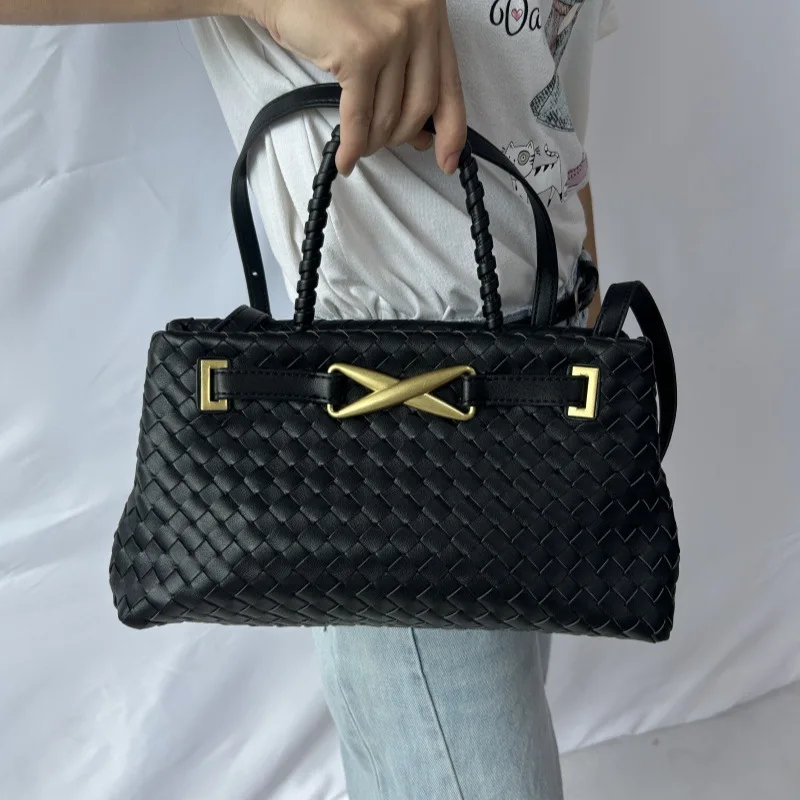 

Hand-woven Bag Hardware Buckle Design Pu Leather Versatile Handbag High-end Light Luxury Fashion Bag Casual Commuter Ladies Bag