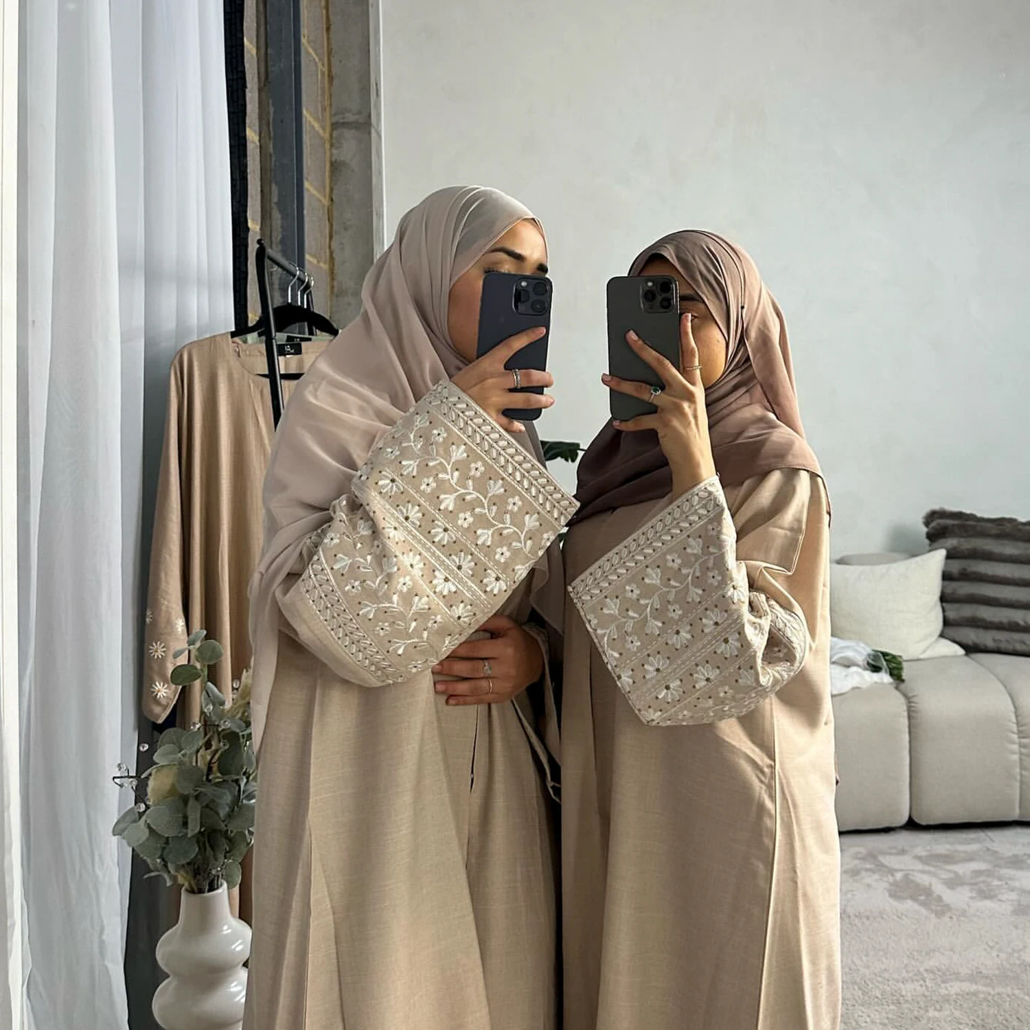 Elegant Women\'s Open Linen Abayas Embroidery Arabic Turkey Dubai Cardigan Kimono Abaya Black Grey Beige Female LR784