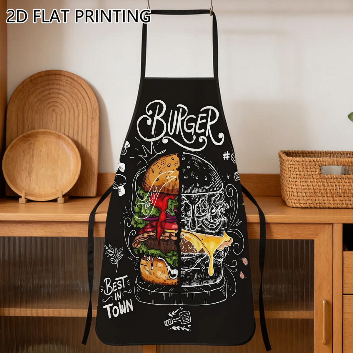 1pc Burger Best In Town Sketch Art Pattern Apron For Chef Restaurant Cooking