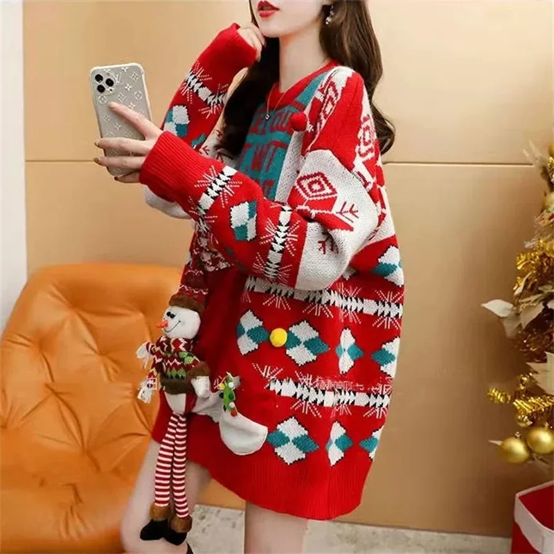 

Large Size Women Sweater Autumn Winter Korean Loose Thick O-Neck Red Christmas Sweater Sweet Cute Pullover Knitted Jumper Mujer