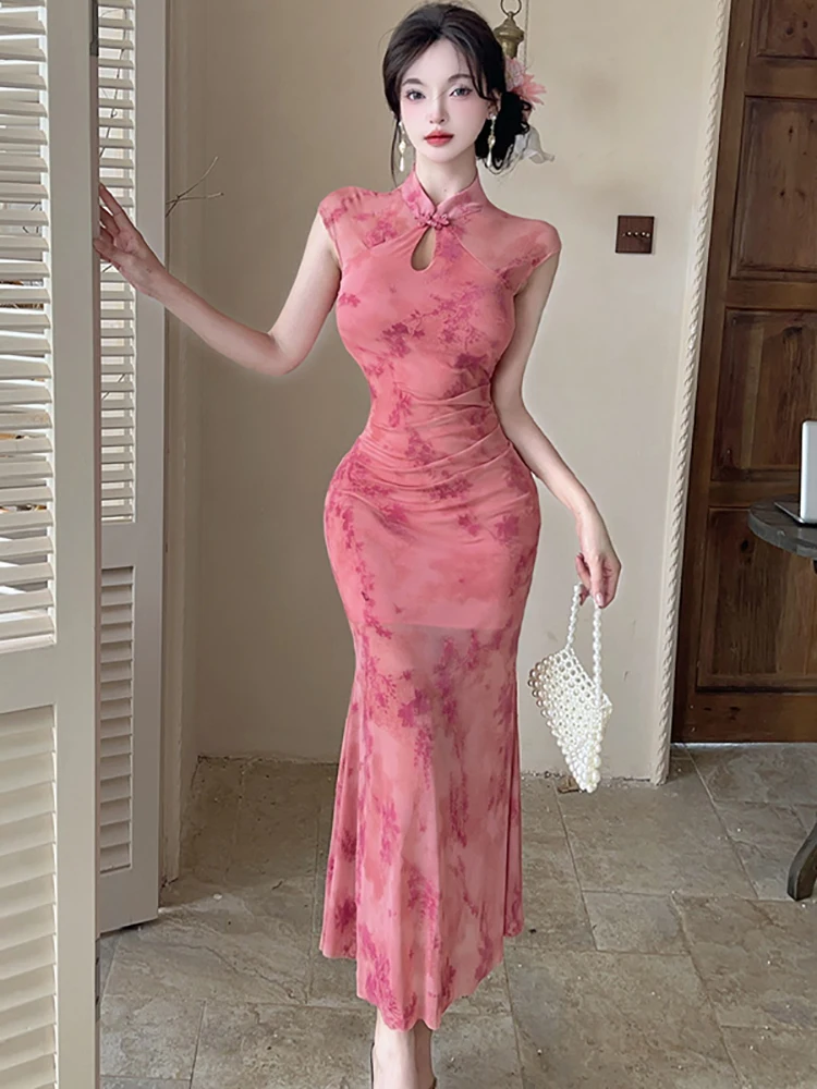 

Летнее розовое длинное платье с цветочной сеткой и воротником-стойкой, женское элегантное плиссированное облегающее платье с рюшами для выпускного вечера, 2024, корейское роскошное ночное платье