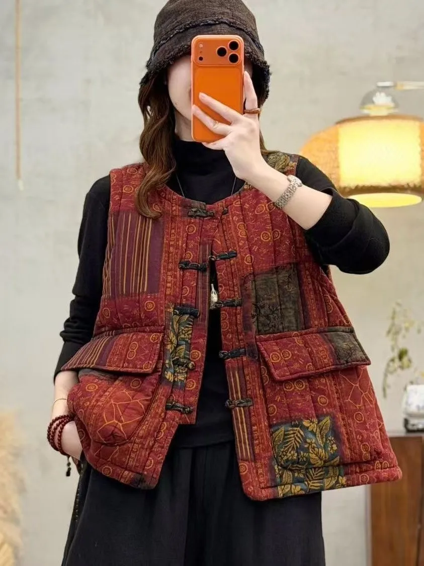 

Женский жилет в китайском стиле свободного кроя с пуговицами, из смесового хлопка и льна, теплый, повседневный, этнический стиль, с круглым вырезом, длинный рукав