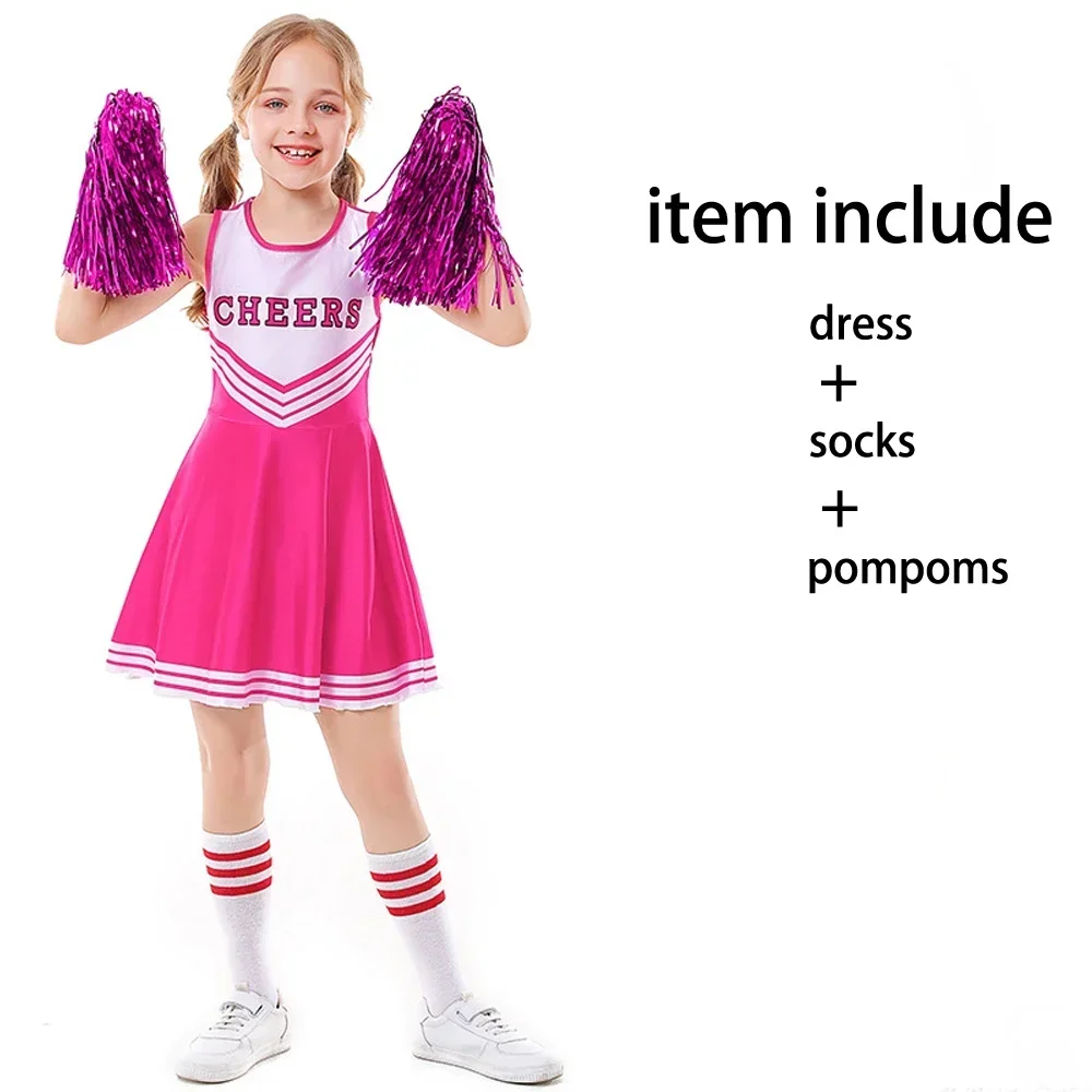 Halloween Kid Girls Cheerleader Costume Dress Pompoms Outfit Purim Schoolgirl Cheer Stage Performance Cheerleading Uniform