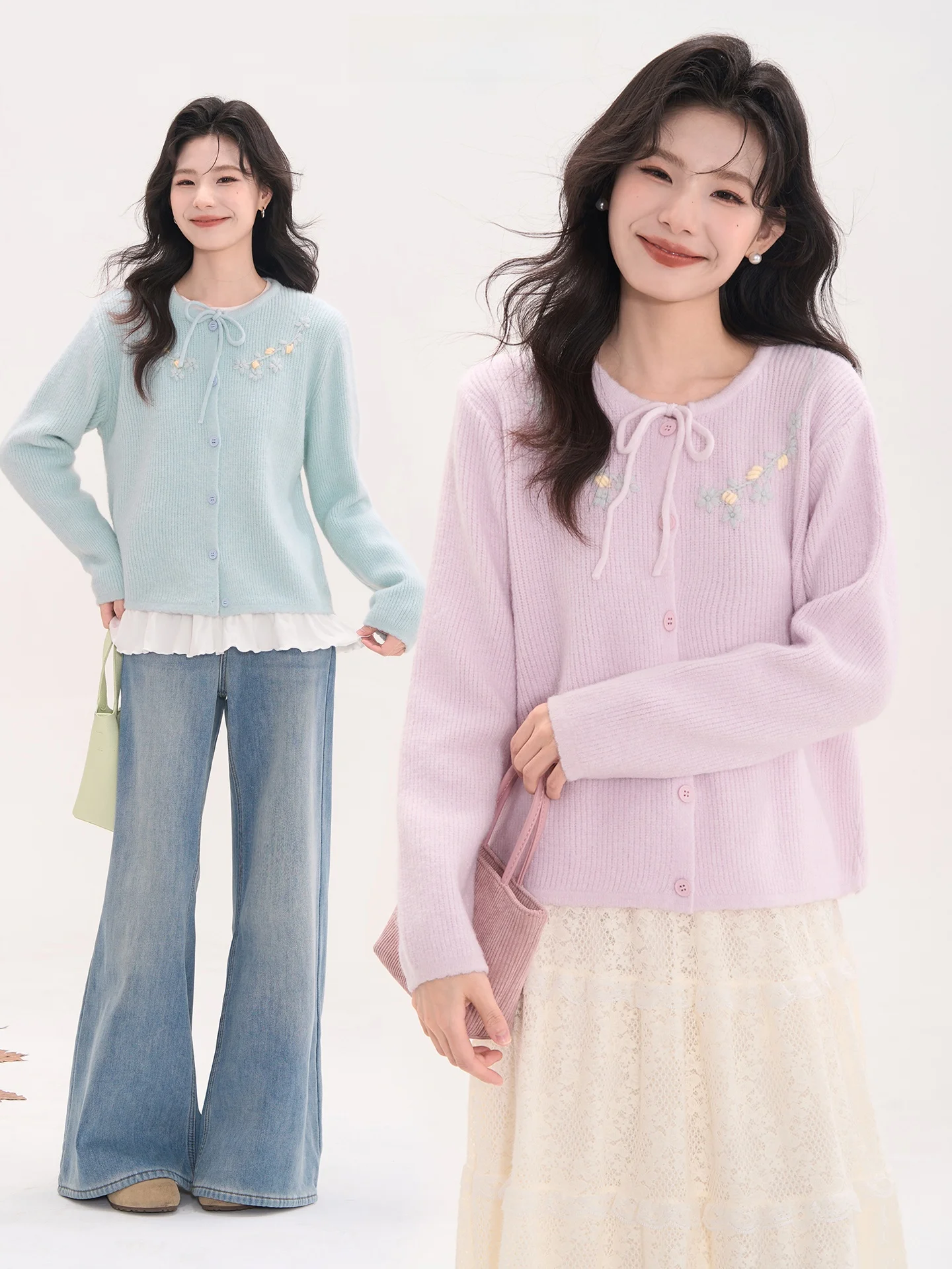 

Sweet Heart Knitwear Sweater Women's round Ne Tie Belt Open Cardigan Warm Autumn Top Heme Flower Field Window