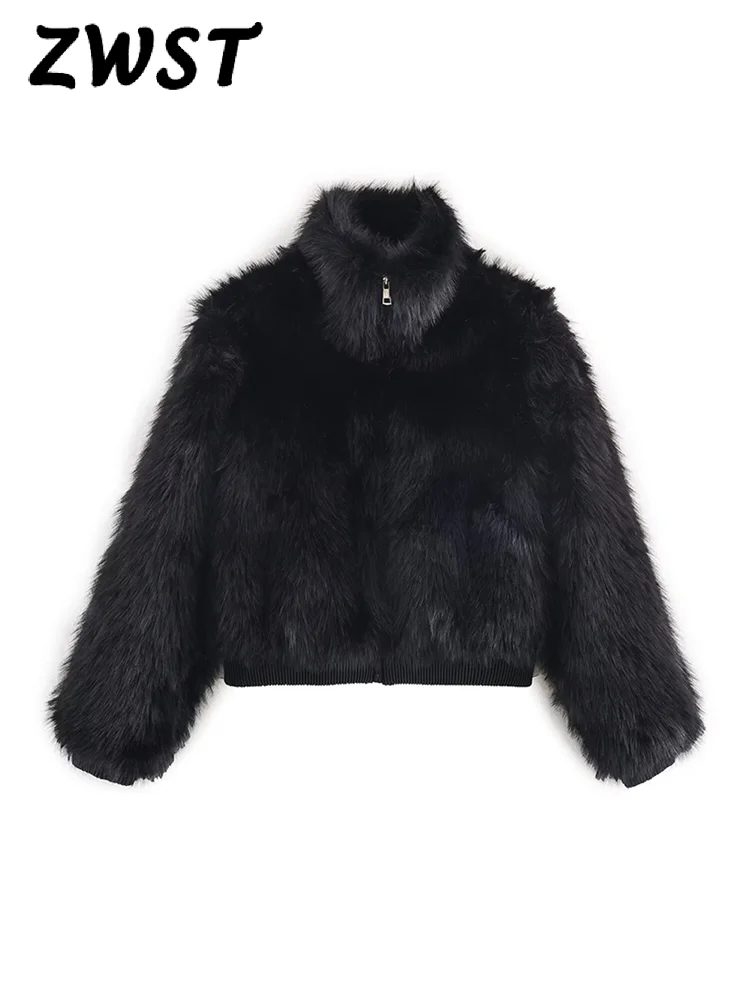 

Элегантная куртка с воротником-стойкой из искусственного меха, женская черная лоскутная молния, свободные утепленные пальто, женская модная зимняя теплая верхняя одежда для женщин