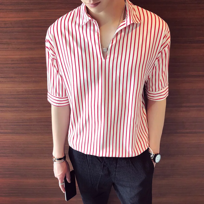 

Men's Summer Thin Short Sleeve Shirt Handsome Vertical Stripe T-shirt Fashion Casual Mid Sleeve Top Slim Fit Shirt