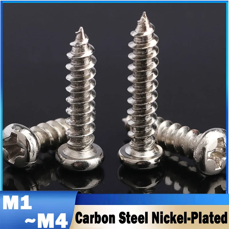 50~500Pcs M1 M1.2 M1.4 M1.5 M1.7 M1.8~M4 Nickel-Plated Carbon Steel Cross Recessed Round Head Self-Tapping Screw Mini Screws