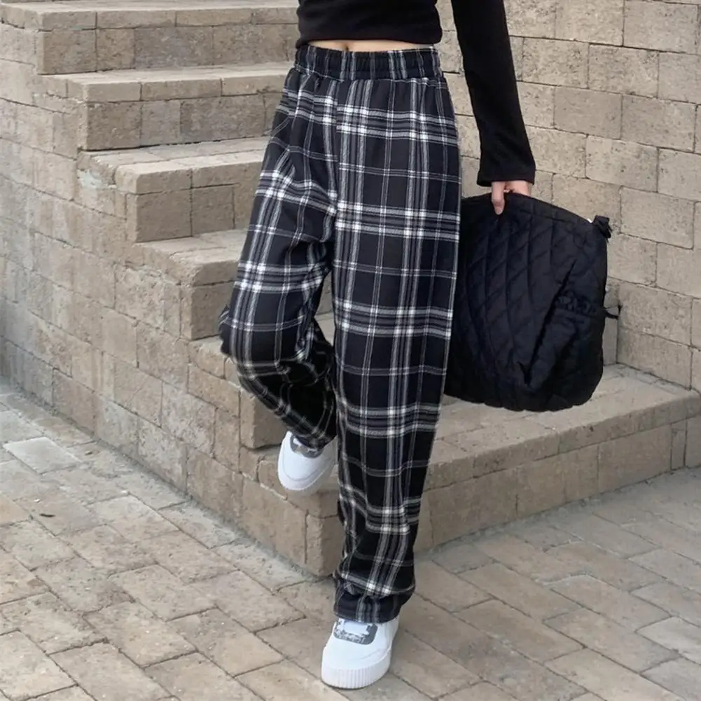 Skin-friendly Winter Trousers Women’s Winter Pants High Waist Elastic Trousers Plaid Print Loose Fit Bottoms Thickened Fleece