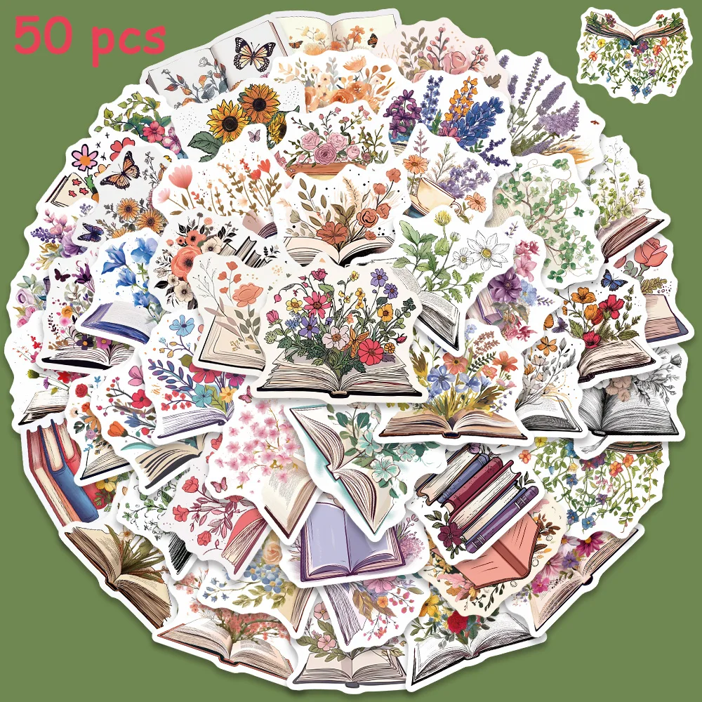 50pcs Book Flower Graffiti Stickers Funny Aesthetic Decals For Kids Suitcase Water Bottle Scrapbook Skateboard Cars Stickers