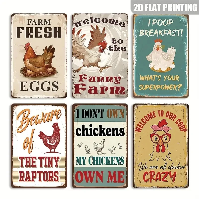 6Pcs Vintage Funny Chicken Farm Metal Tin Sign Rustic Farmhouse Kitchen Coop Wall Hanging Decor Gift