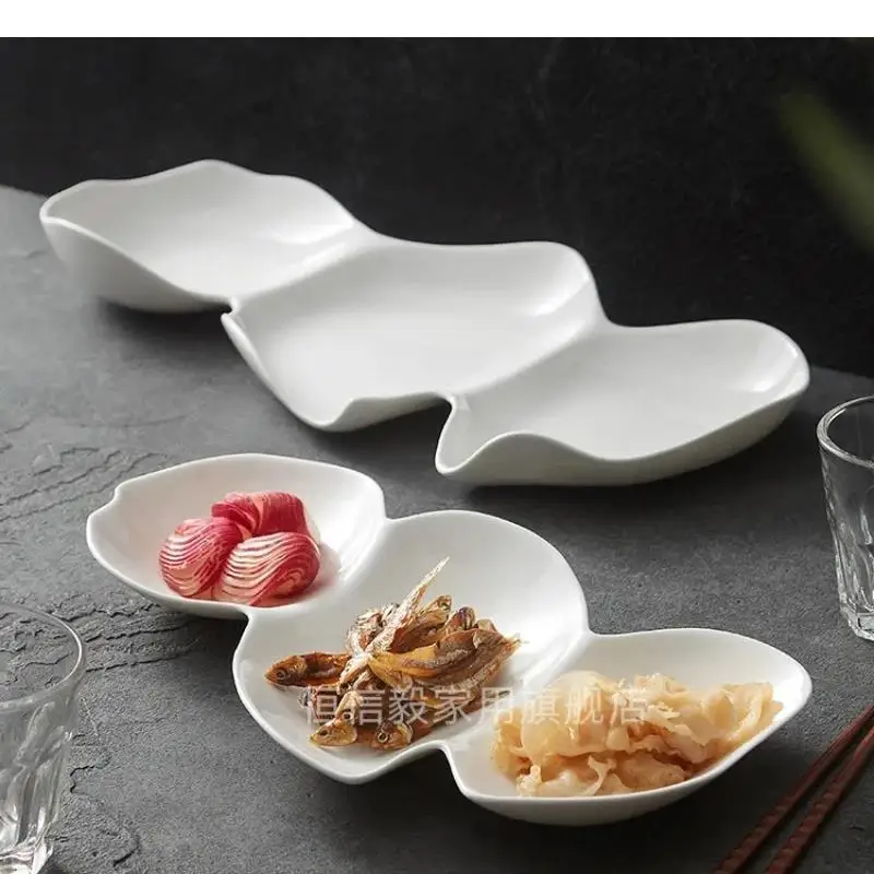 Pure White Ceramic Three Grid Plate Restaurant Dessert Sushi Snack Plates Molecular Cuisine Specialty Tableware