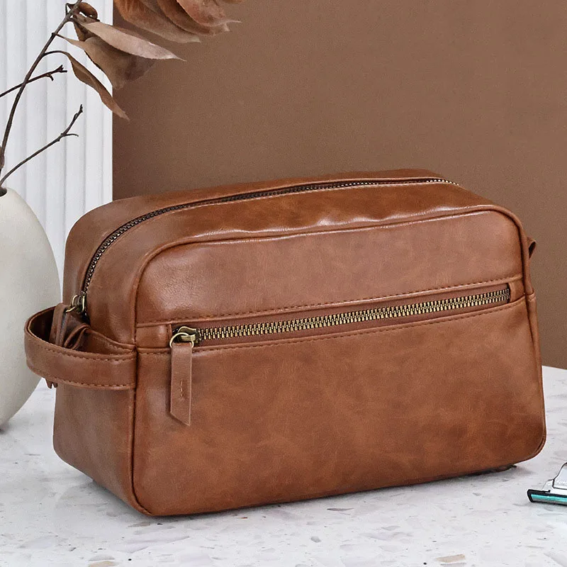 Men Vintage Luxury PU Leather Toiletry Bag Travel Necessary Business Cosmetic Makeup Cases Male Hanging Double Layered Wash Bag