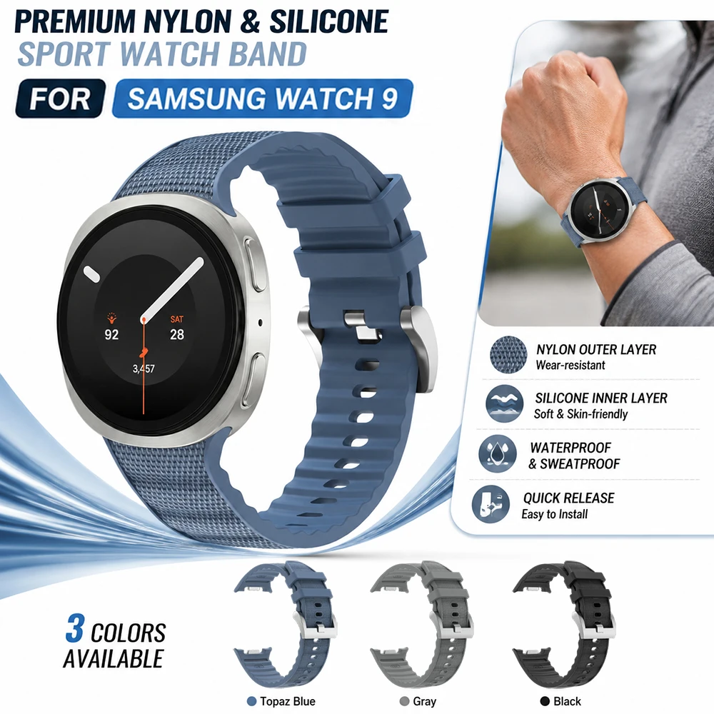 Hybrid Silicone & Nylon Watch Exclusive Band for Samsung Galaxy Watch 9 / 8 New Durable Sweatproof & Waterproof Silicone Strap
