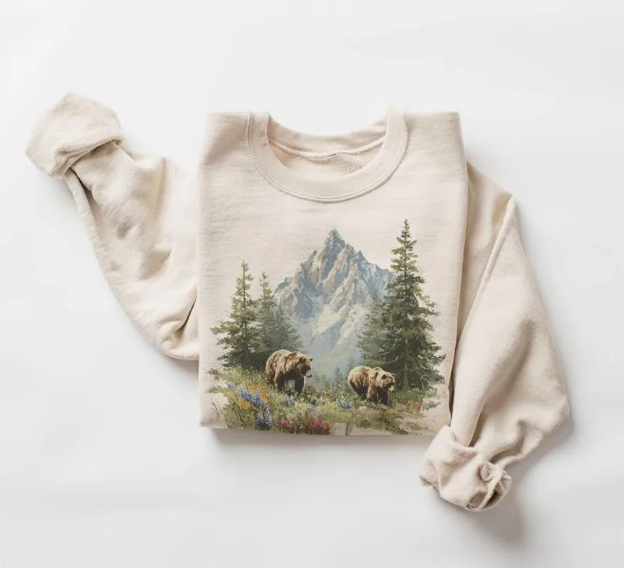 Retro Grizzly Bears Summer Wildflower Scene Sweatshirt 80s Bear Mountain Nature Gift Wildlife Boho 90s Funny Pattern Hoodie