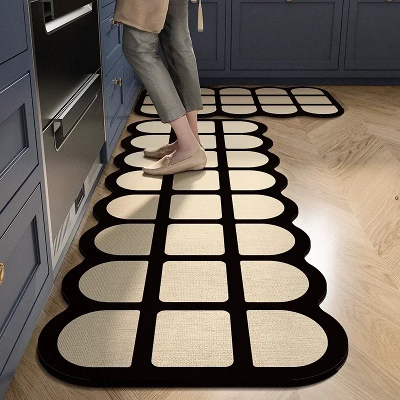 Tapis de sol en cuir en polymère imperméable, tapis de cuisine, tapis de pied non ald, long, résistant à l'huile, noir et blanc lea, décoration de la maison, PVC