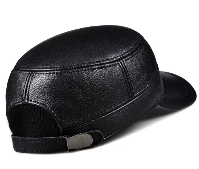 Winter Genuine Leather Cap Men's Flat Caps Military Hat Elegant Man Baseball Cap British Vintage Cowhide Ear Warm Hat