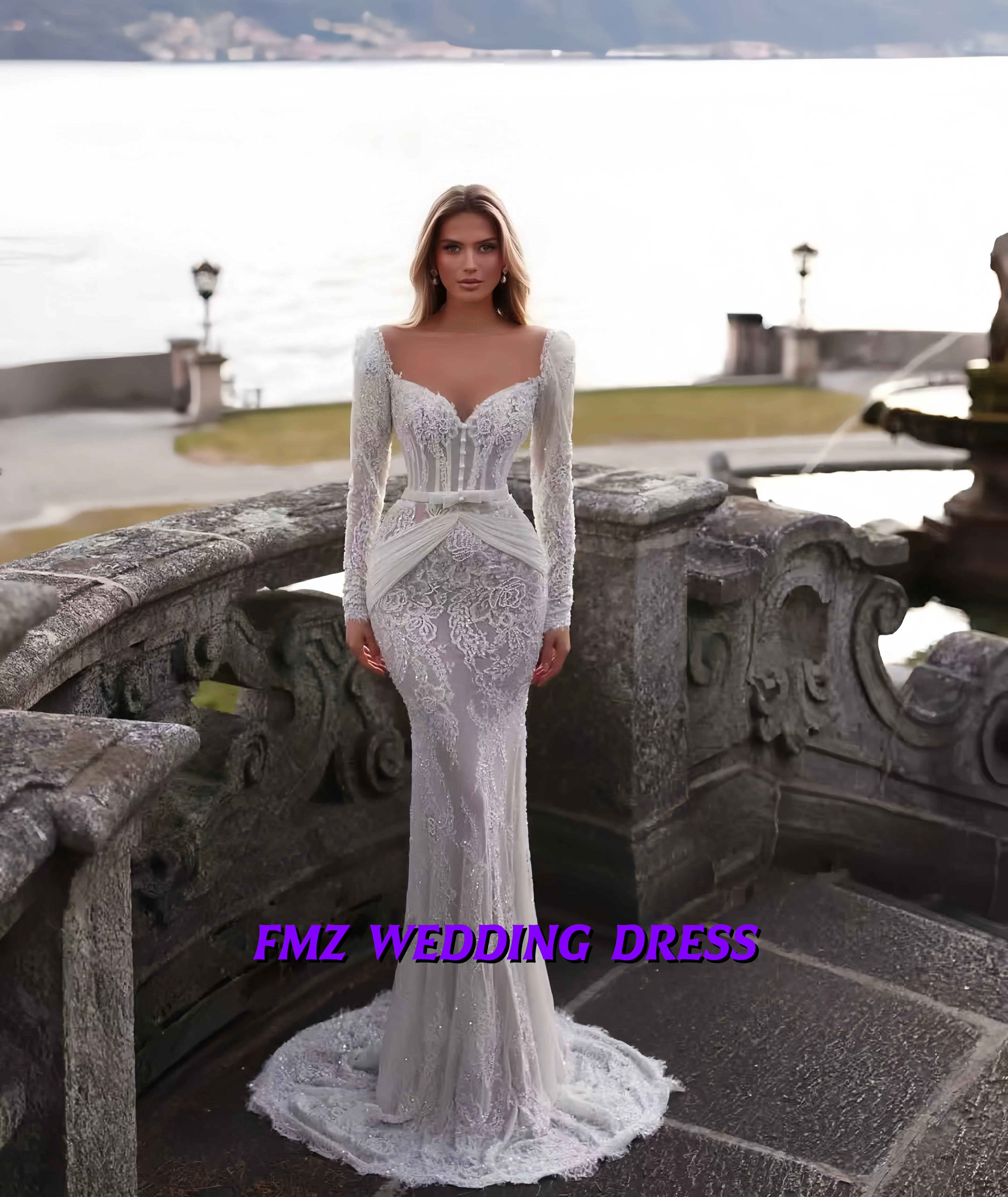 

Свадебное платье на заказ, с милым воротником, длинными рукавами, кружевное, в стиле русалка, сексуальное, свадебное платье, vestidos de novia