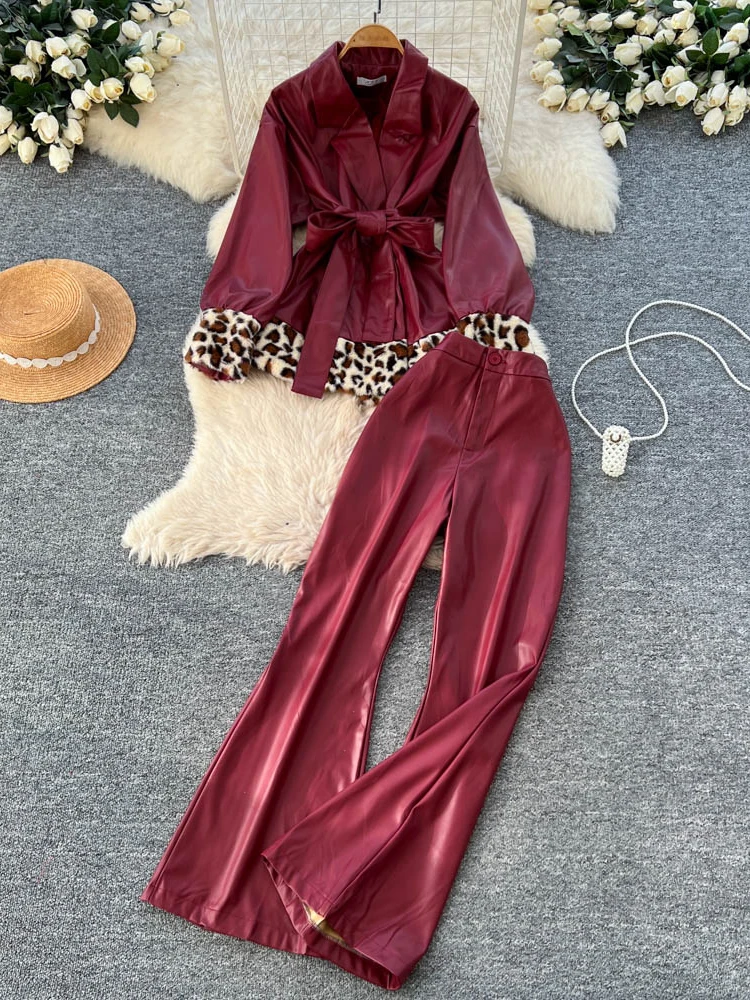 Fashion leopard print fur patchwork Lace up lapel long sleeved PU leather jacket+high waist pants 2-piece set autumn Skinny set