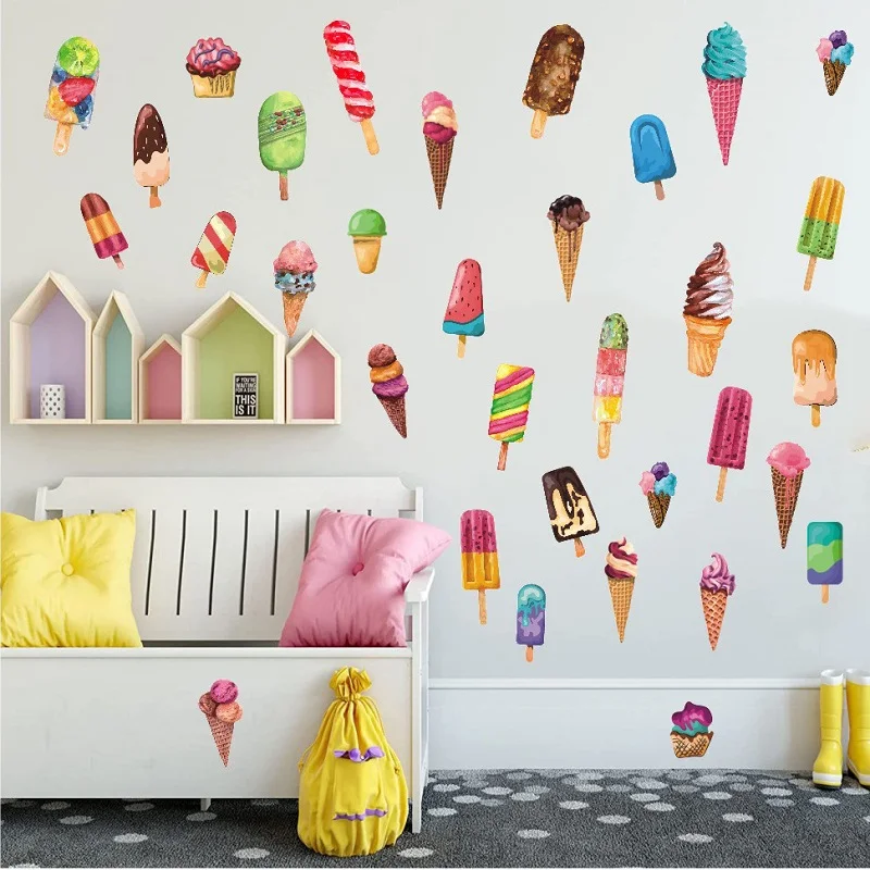 4Sheets Summer Ice Cream Window Stickers, Children's Room Dessert Wall Stickers Self-adhesive PVC