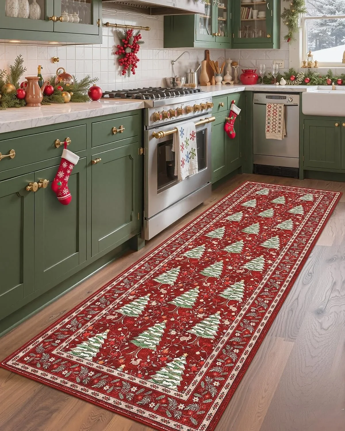 Kitchen Floor Mat Long Rug Christmas Tree Animals Print Carpet Xmas Home Decoration Non Slip Washable Bedroom Foot Mats Alfombra
