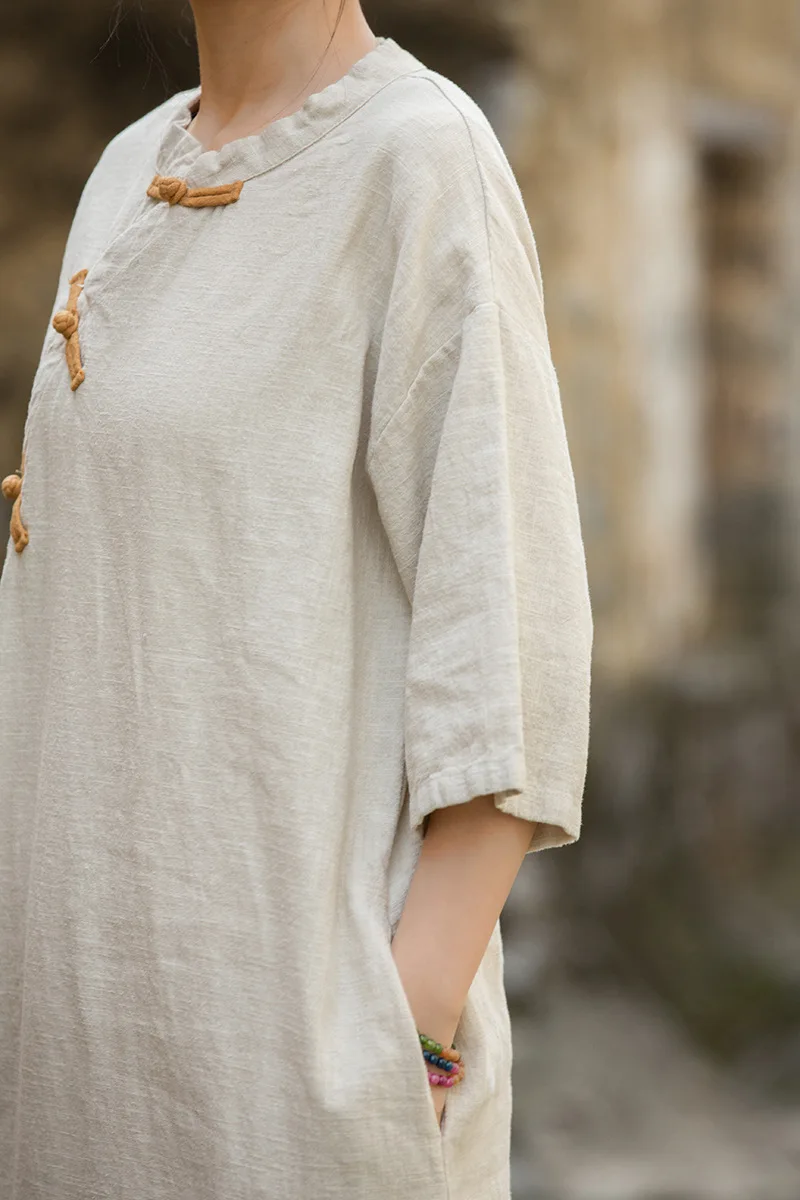 Autumn Ramie Dress: Washed Color-block Frogs New Chinese Style Women's Maxi Dress