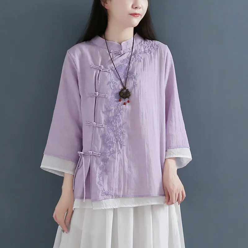 

Spring and Summer Literary Embroidery Chinese Style Hanfu Slanted Placket and Retro Shirt Cotton and Linen Seven-sleeved Top